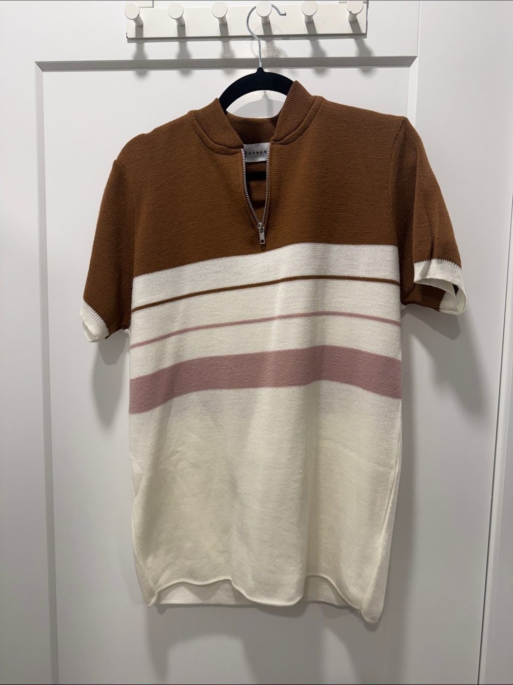Topman Brown, Cream & Pink Half-Zip Knit Polo